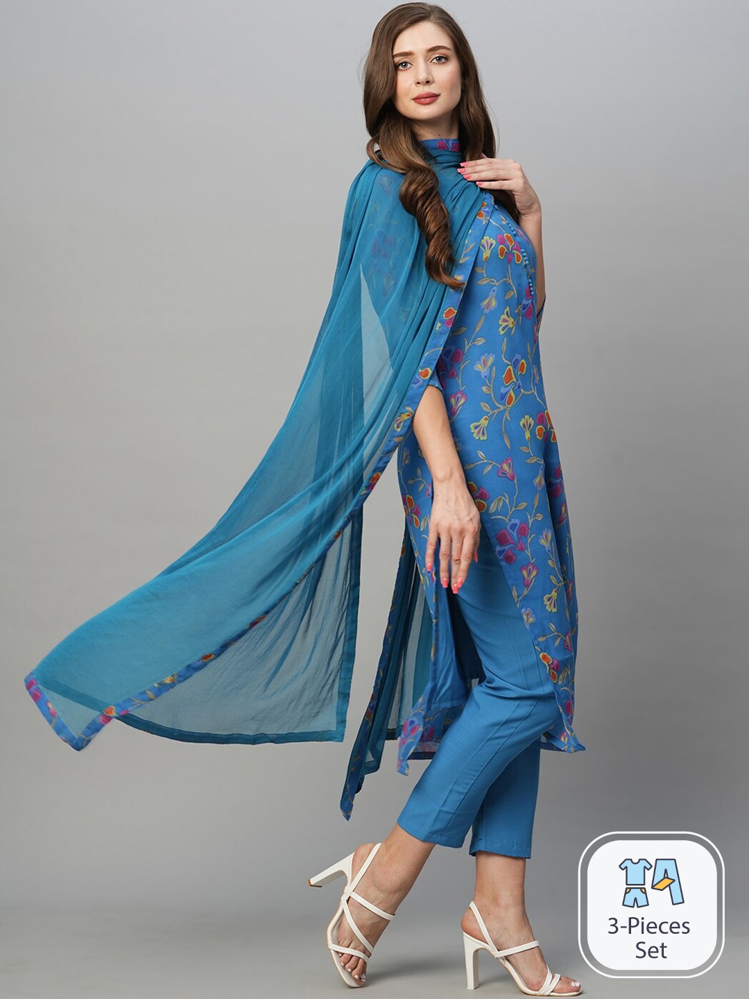 

KALINI Floral Printed Straight Kurta With Trousers & Dupatta, Blue