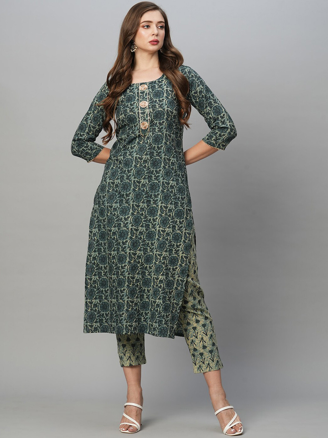 

KALINI Floral Printed Straight Kurta With Trousers, Blue