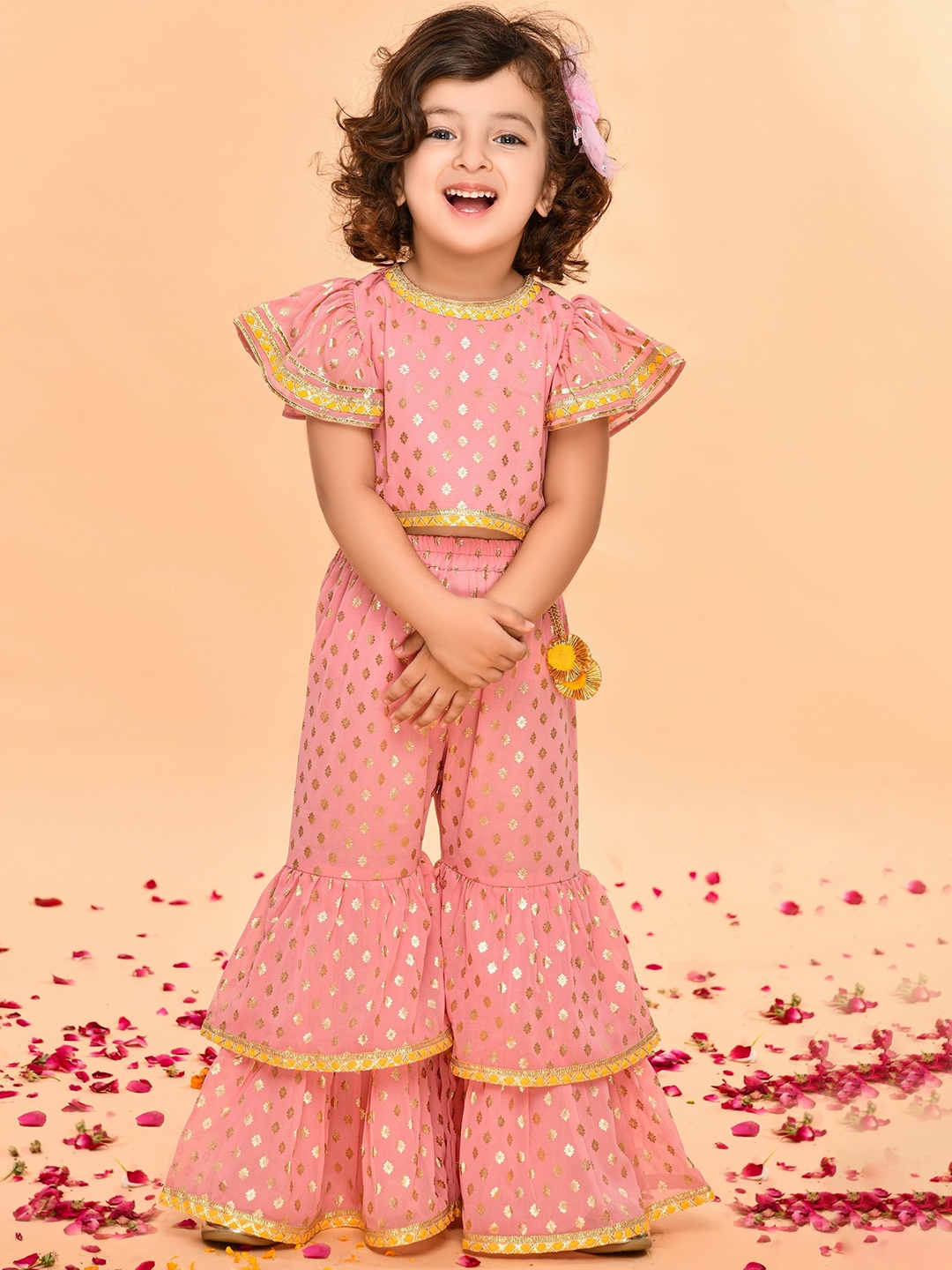 

SAKA DESIGNS Girls Ethnic Motifs Printed Regular Gotta Patti Top With Sharara, Peach