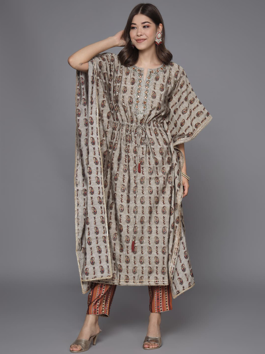 

HEEPOSH Paisley Printed Mirror Work Kaftan Kurta With Trousers, Beige