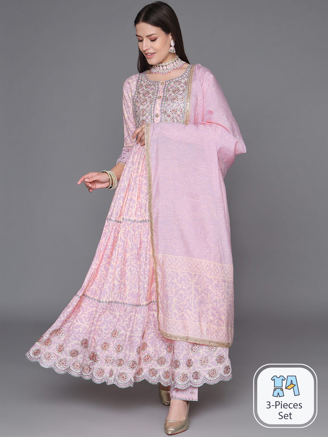 

HEEPOSH Floral Embroidered Thread Work Anarkali Kurta With Trousers & Dupatta, Pink