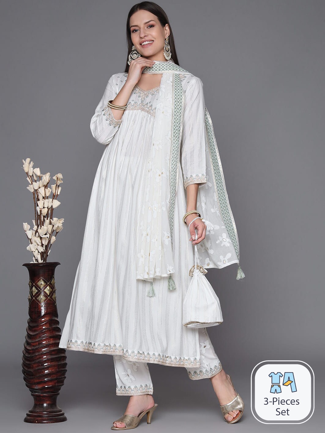 

HEEPOSH Floral Embroidered Thread Work Kurta With Trousers & Dupatta, White