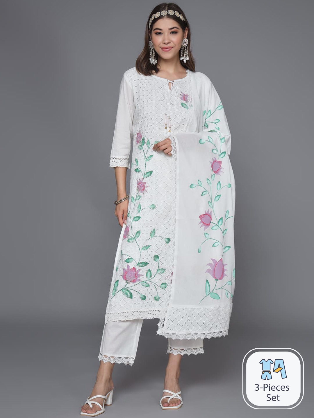 

HEEPOSH Floral Embroidered Tie-Up Neck Pure Cotton Kurta With Trousers & Dupatta, White