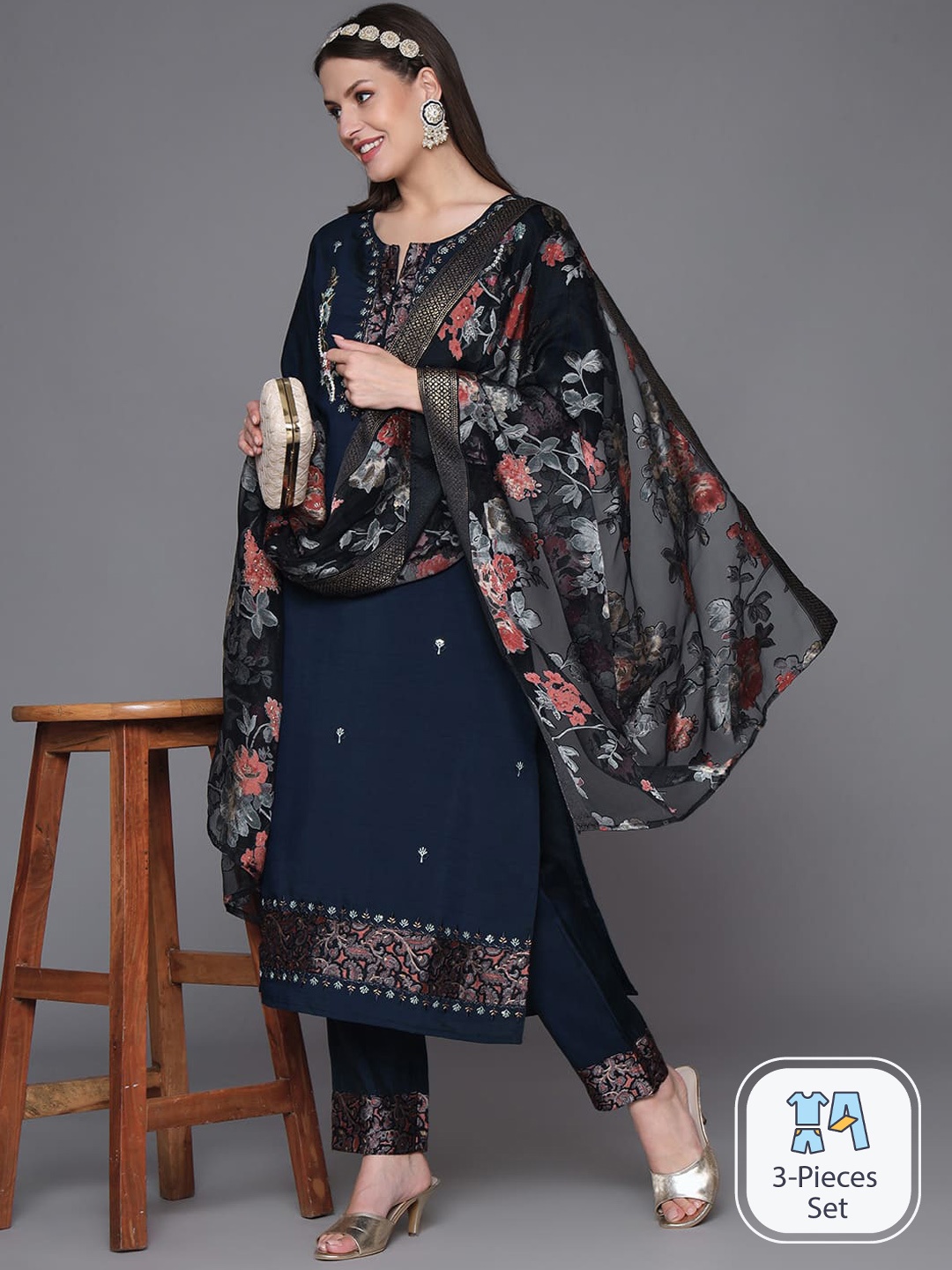 

HEEPOSH Floral Embroidered Thread Work Kurta With Trousers & Dupatta, Navy blue