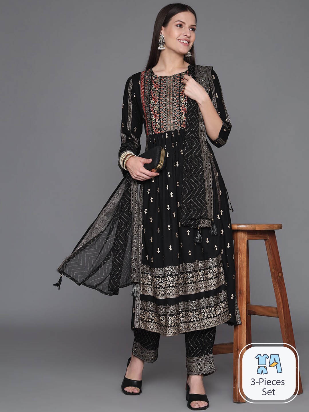 

HEEPOSH Ethnic Motifs Printed Kurta With Trousers & Dupatta, Black
