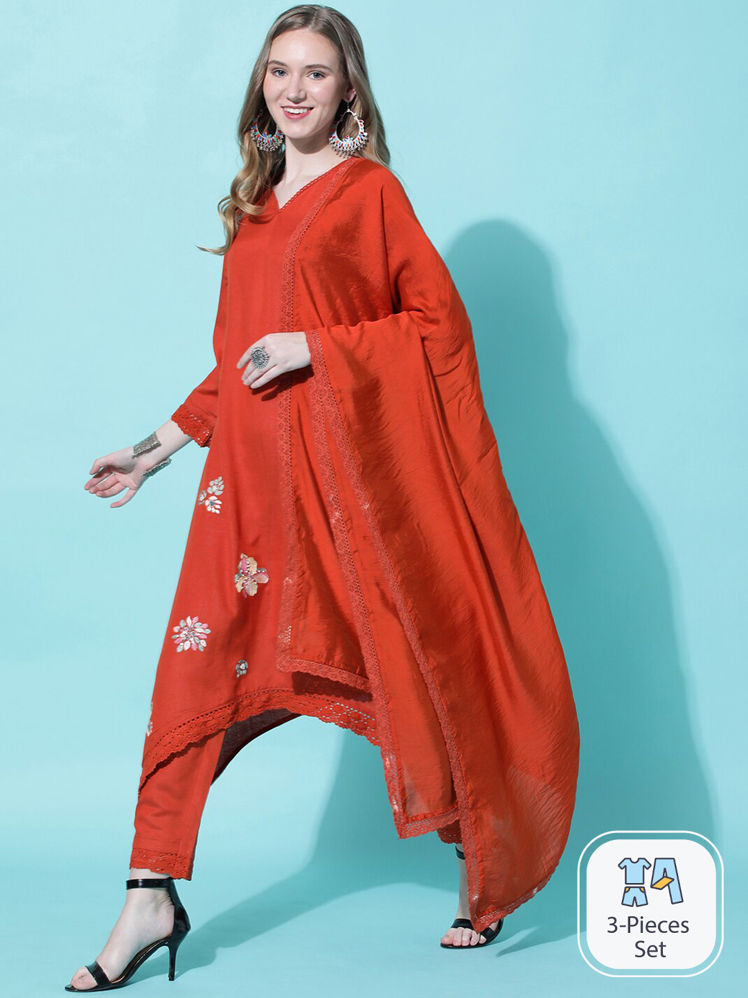 

HEEPOSH Floral Embroidered Thread Work Kurta With Trousers & Dupatta, Rust