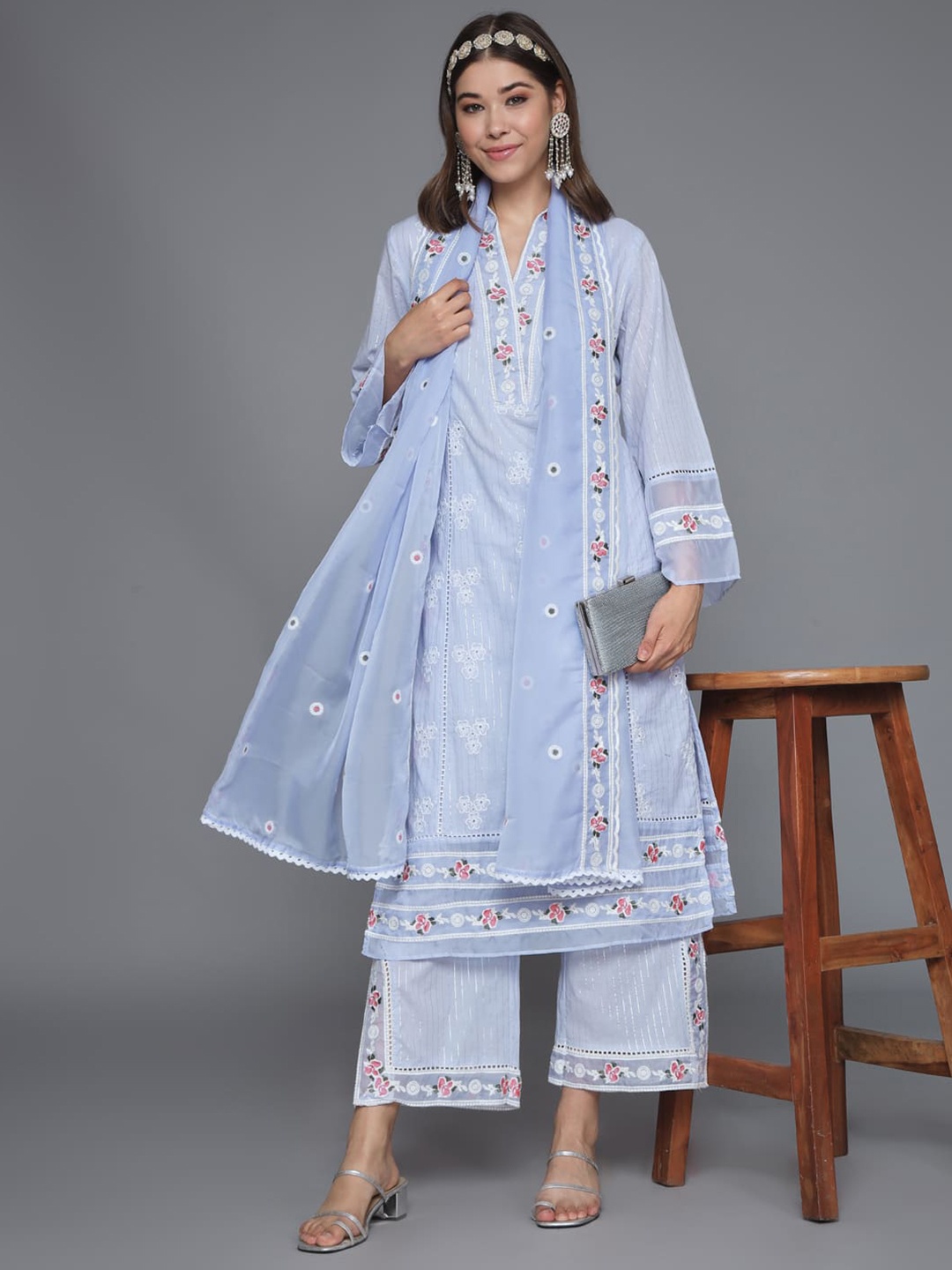 

HEEPOSH Floral Embroidered Thread Work Pure Cotton Kurta With Palazzos & Dupatta, Lavender