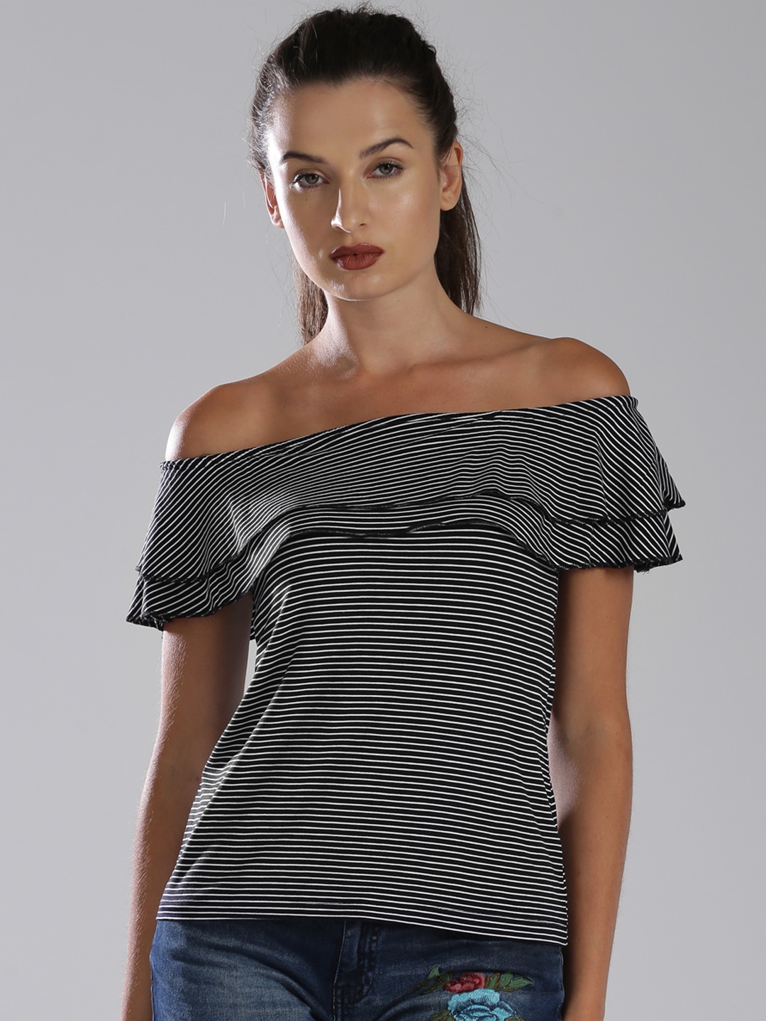 

Bossini Women Navy Blue Striped Bardot Top