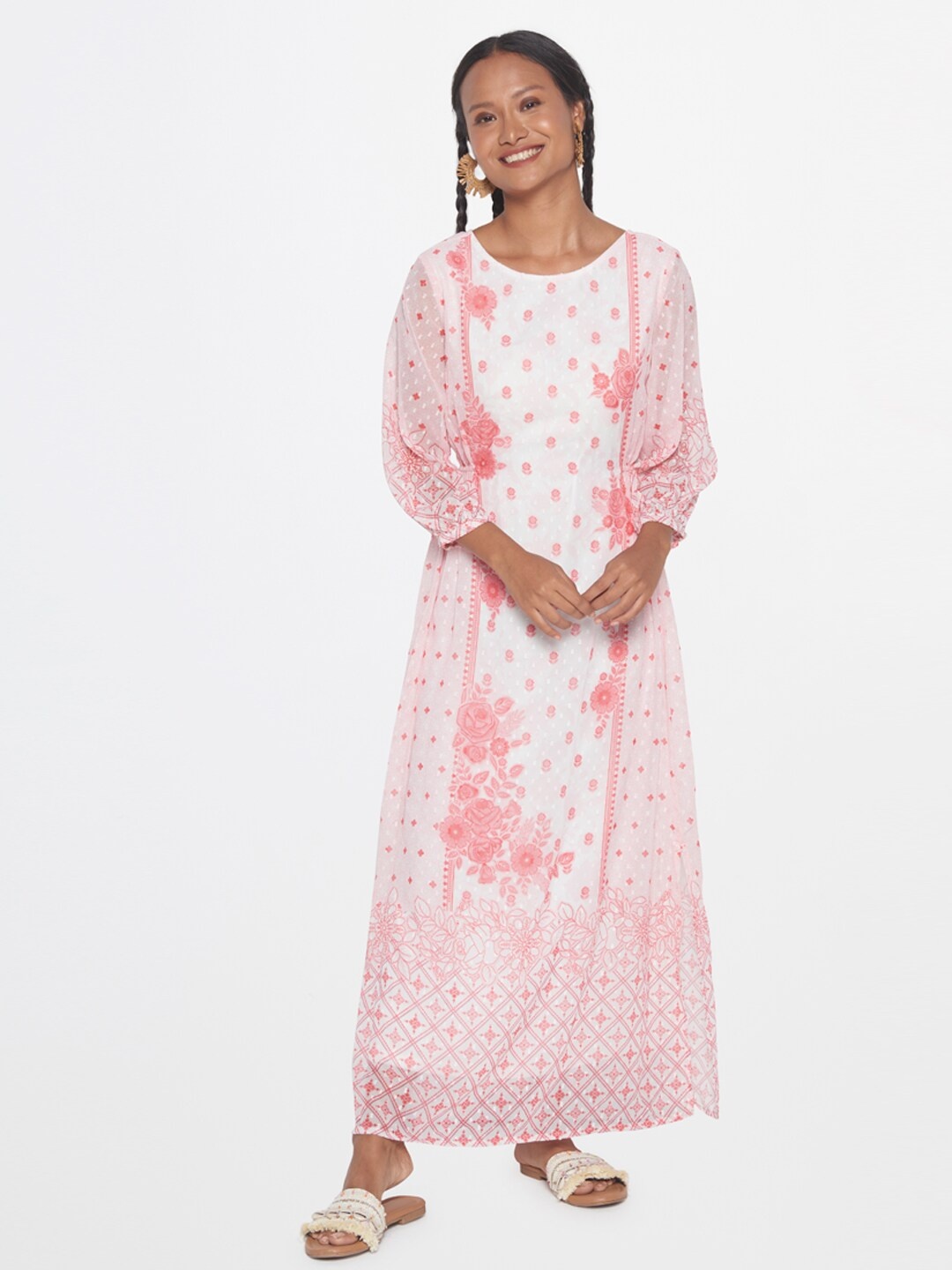 

Global Desi Floral Printed Puff Sleeve Maxi Dress, White