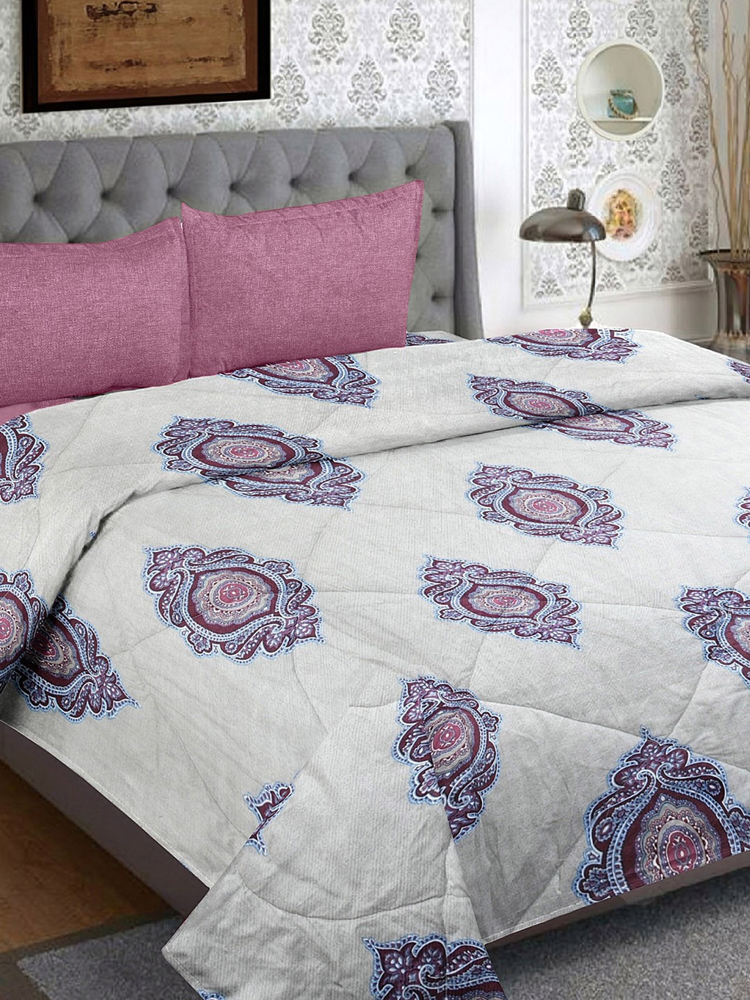 

HAPPY HUES White & Blue Ethnic Motif-Printed Pure-Cotton 250TC Double Duvet Cover