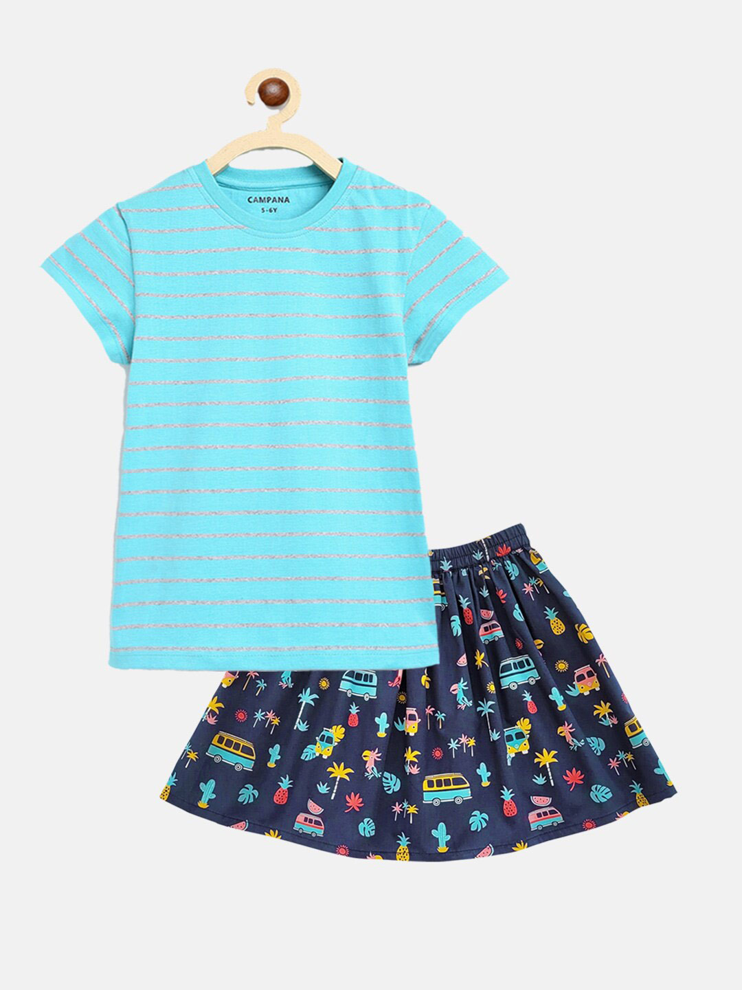 

Campana Girls Cotton Striped T-shirt With Floral Skirt, Turquoise blue