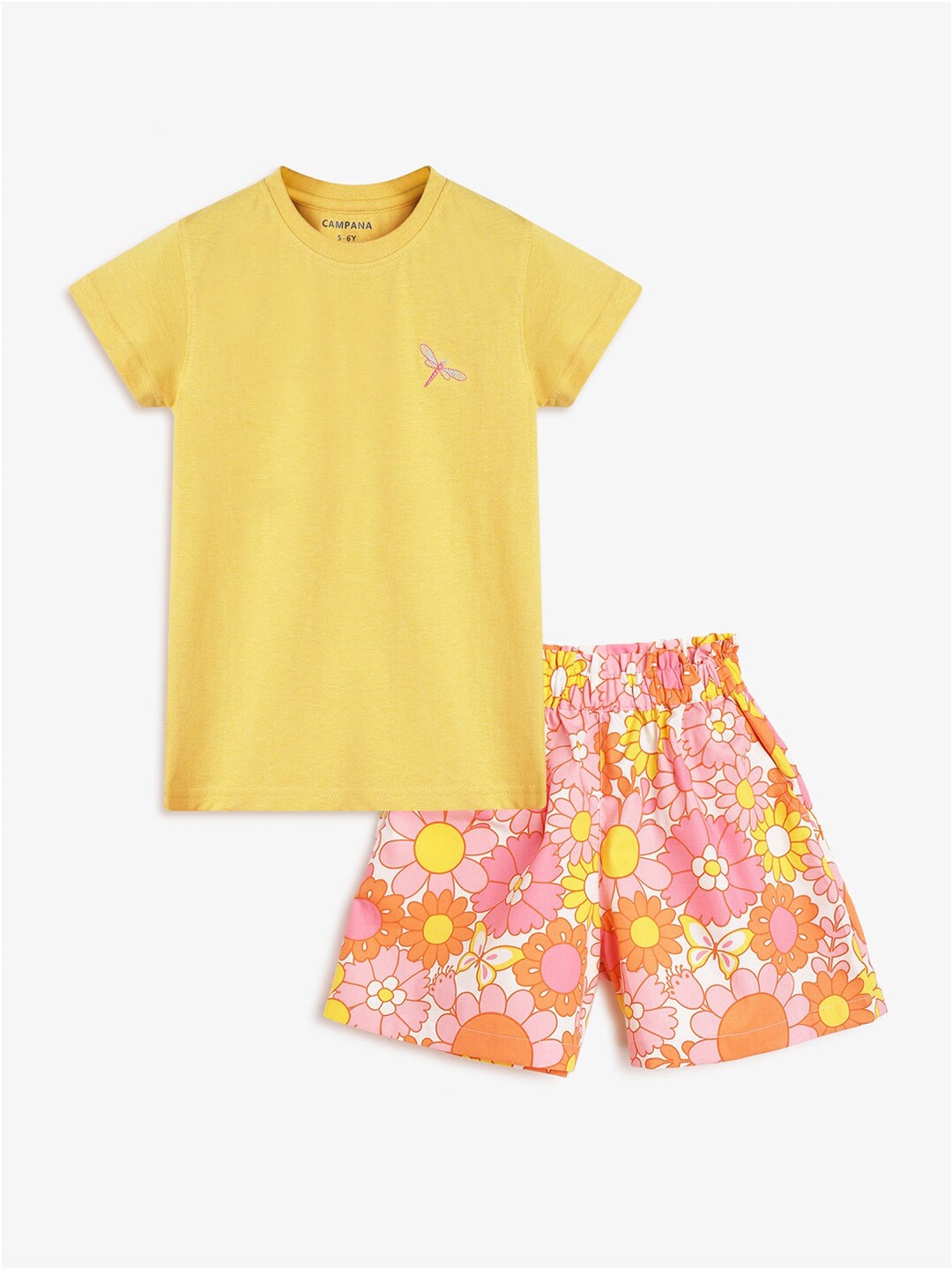 

Campana Girls Cotton T-shirt With Floral Shorts, Yellow