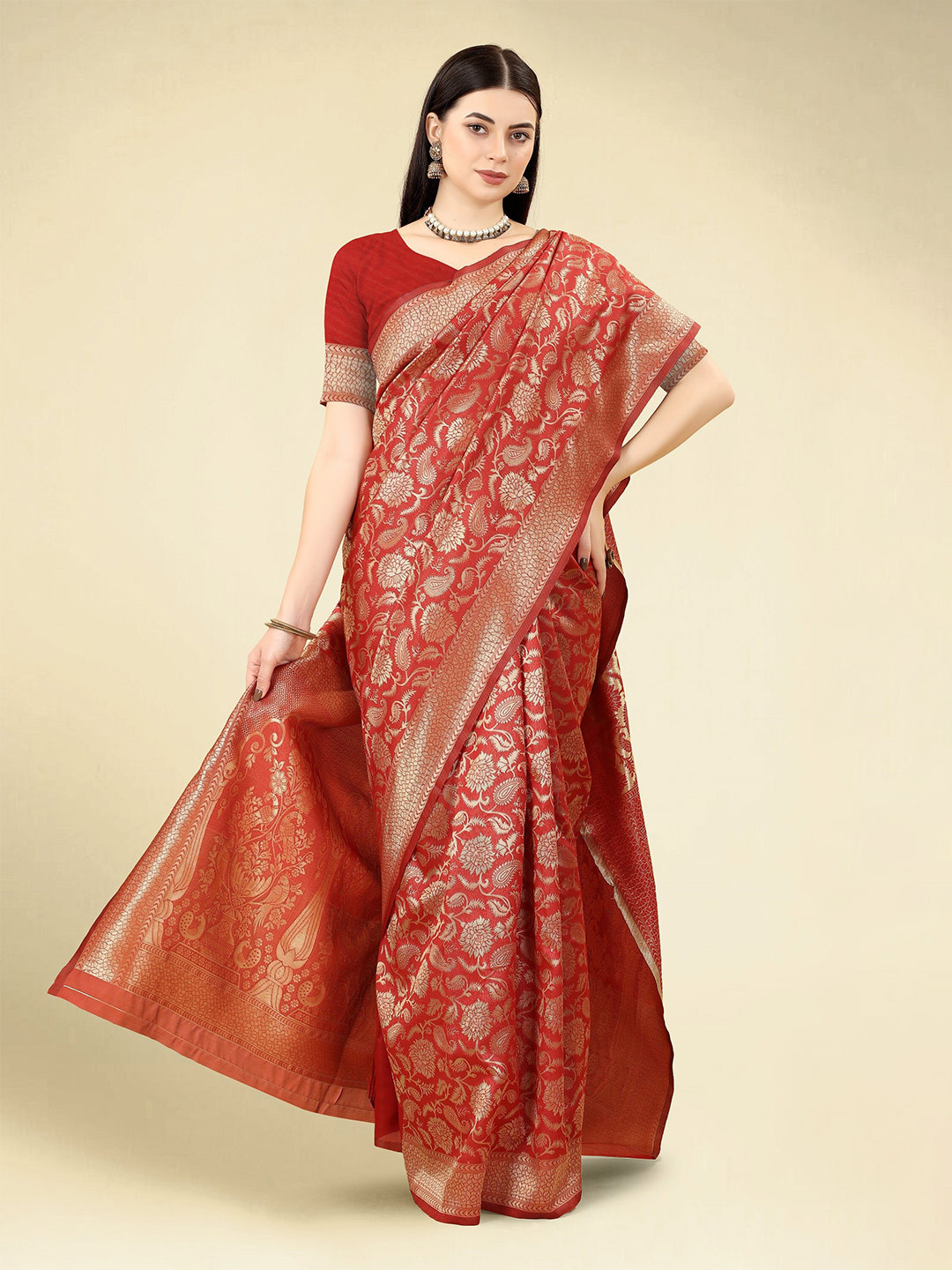 

DWIZA ENTERPRISE Paisley Woven Design Zari Art Silk Banarasi Saree, Red