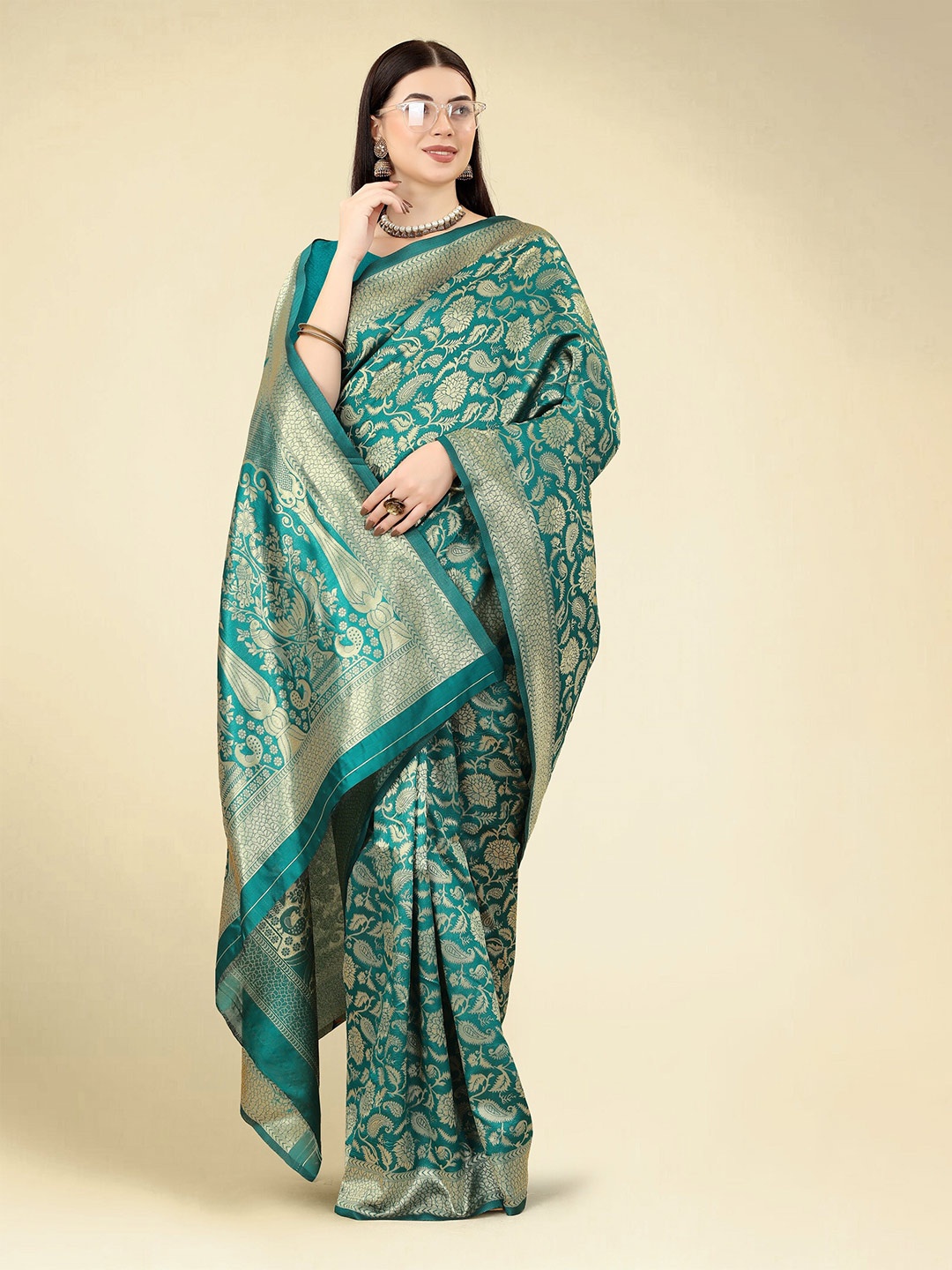 

DWIZA ENTERPRISE Paisley Woven Design Zari Art Silk Banarasi Saree, Teal