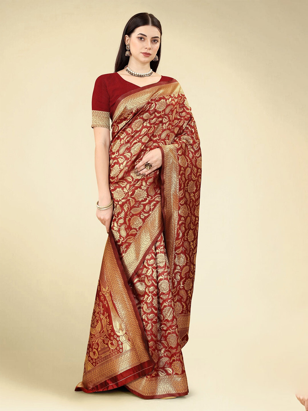 

DWIZA ENTERPRISE Paisley Woven Design Zari Art Silk Banarasi Saree, Maroon