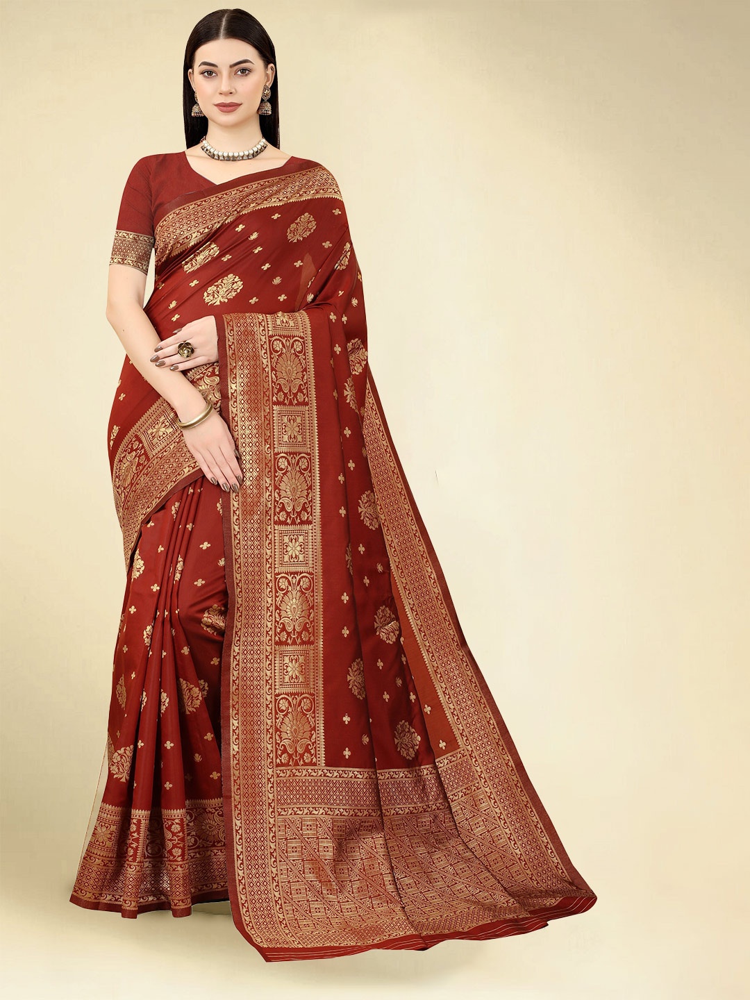 

DWIZA ENTERPRISE Ethnic Motifs Woven Design Zari Detailed Banarasi Saree, Maroon