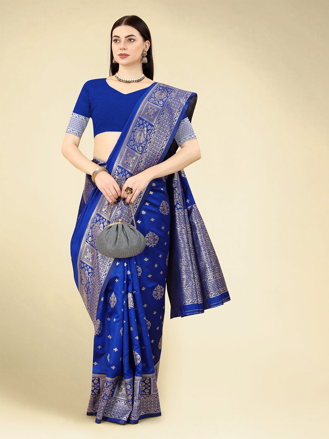 

DWIZA ENTERPRISE Ethnic Motifs Woven Design Zari Art Silk Banarasi Saree, Blue
