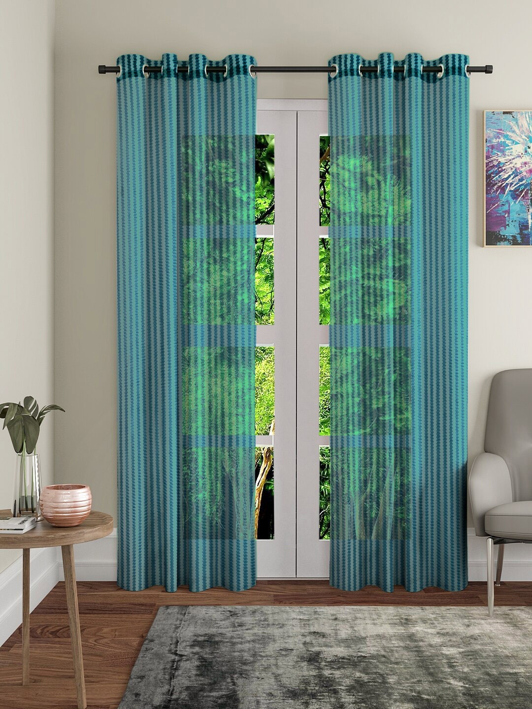 

Fashion String Turquoise Blue 2 Pieces Geometric Sheer Door Curtains, Green