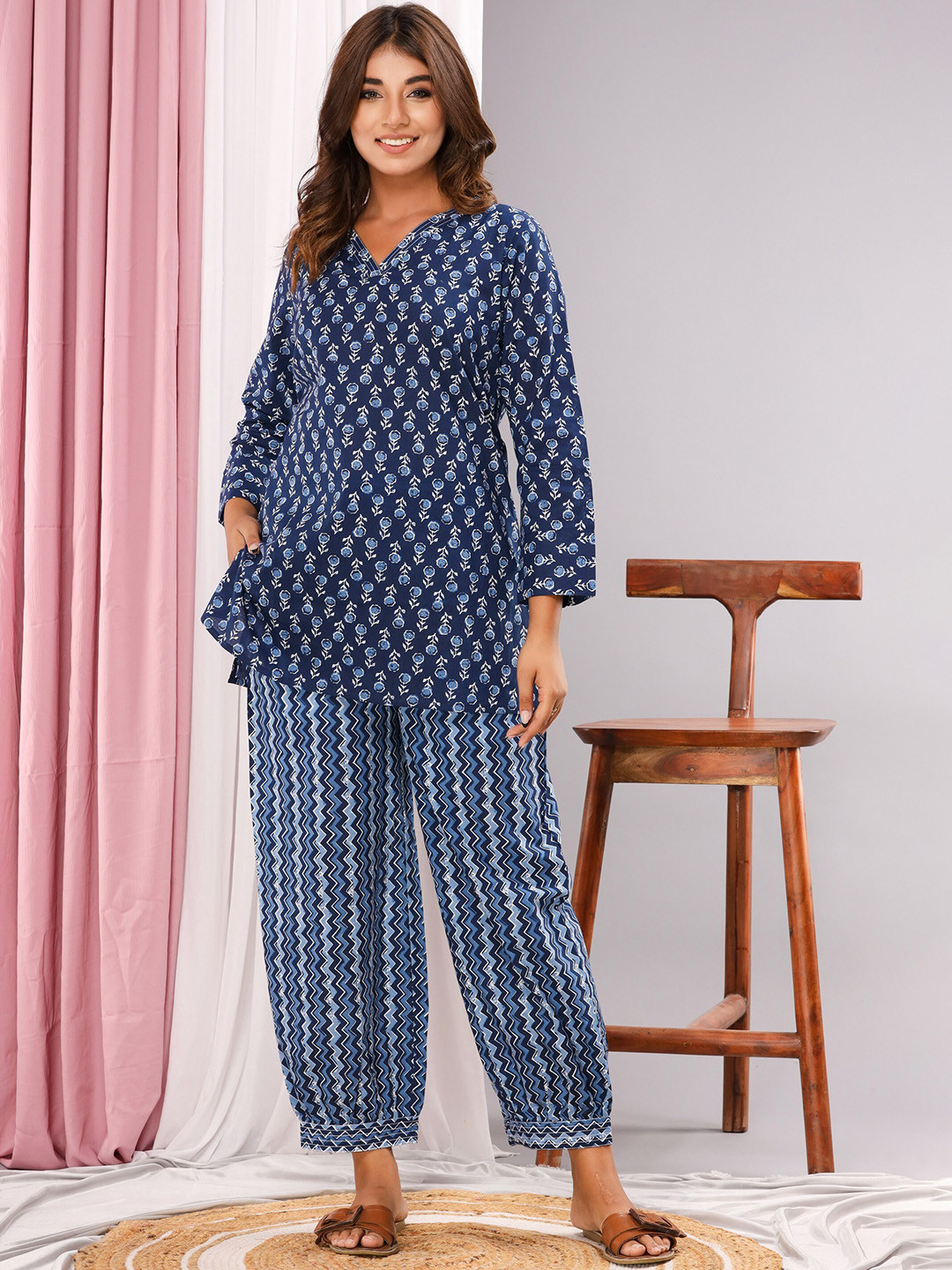 

FEATHERS CLOSET Floral Printed Pure Cotton Co-Ords, Blue