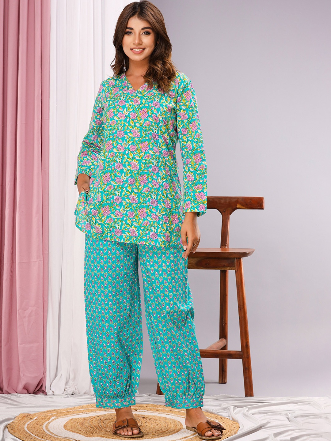 

FEATHERS CLOSET Floral Printed Pure Cotton Co-Ords, Green