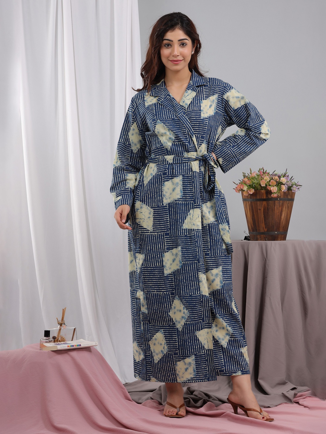 

FEATHERS CLOSET Printed Pure Cotton Wrap Maxi Lounge Wear Robe, Blue