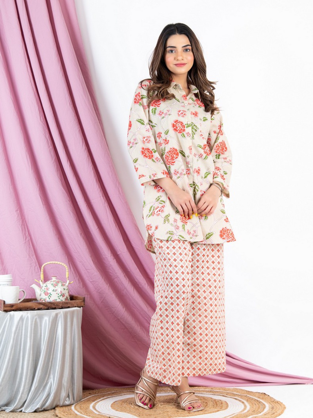 

FEATHERS CLOSET Floral Printed Shirt Collar Pure Cotton Night suit, Cream