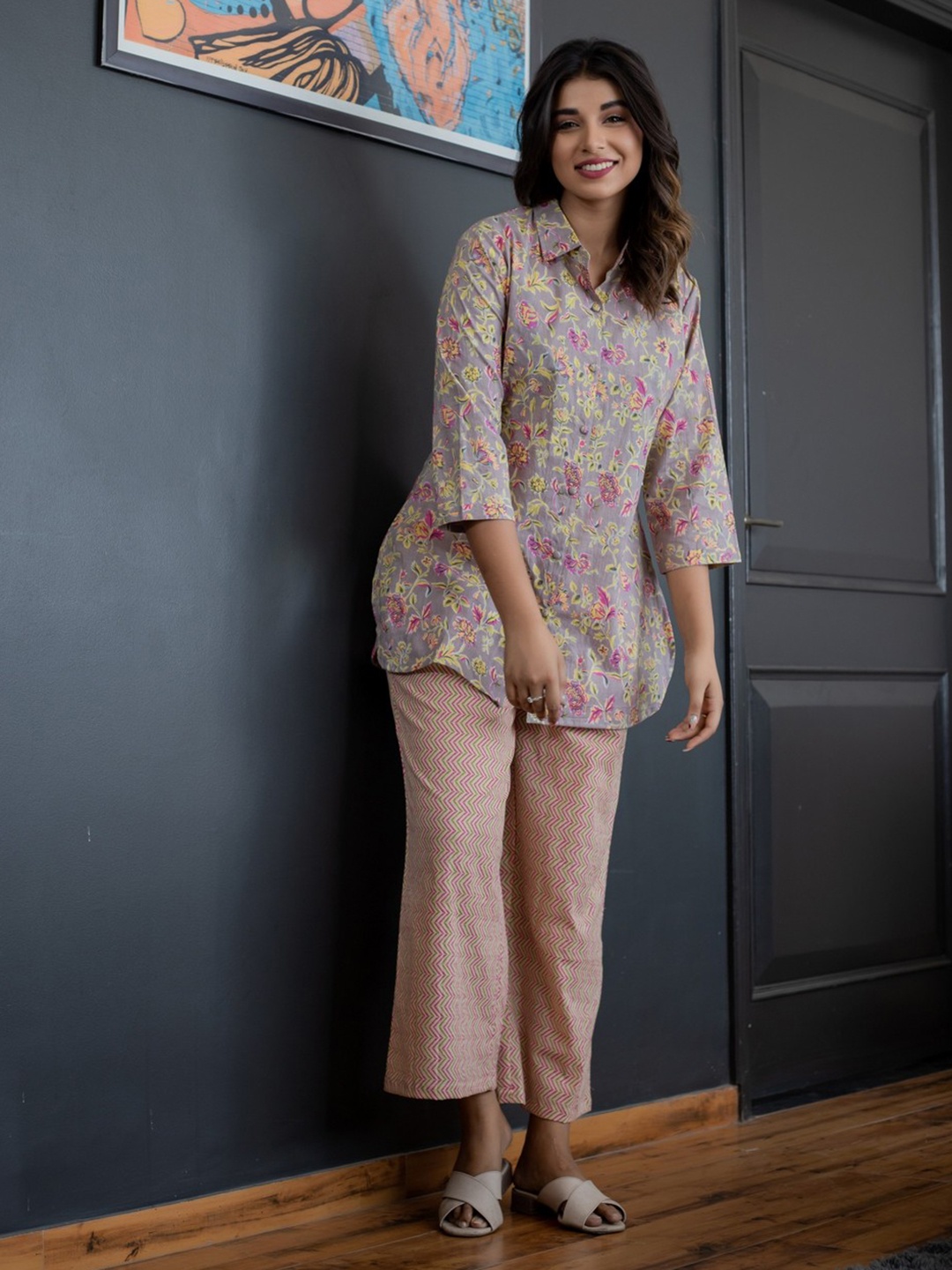 

FEATHERS CLOSET Floral Printed Shirt Collar Pure Cotton Night suit, Grey