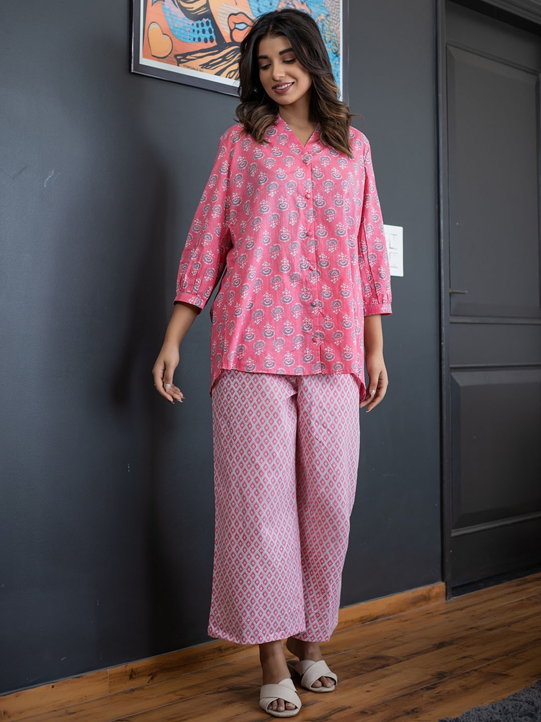 

FEATHERS CLOSET Ethnic Motifs Printed Pure Cotton Co-ords, Pink