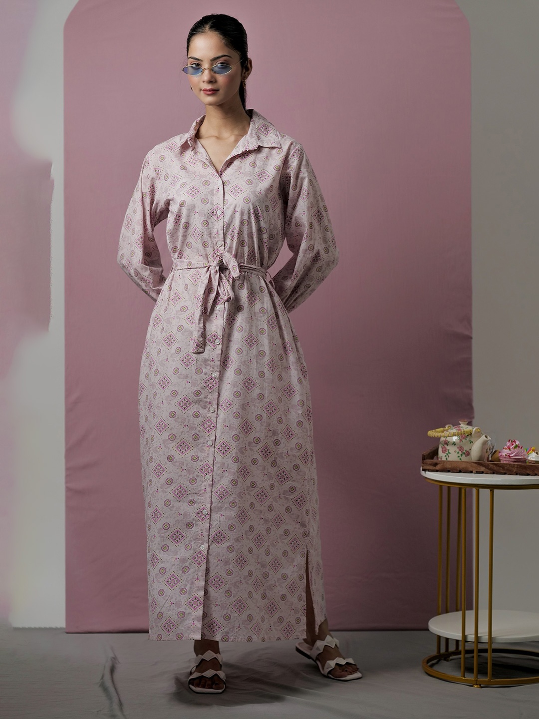 

FEATHERS CLOSET Geometric Printed Pure Cotton Maxi Shirt Nightdress, Pink