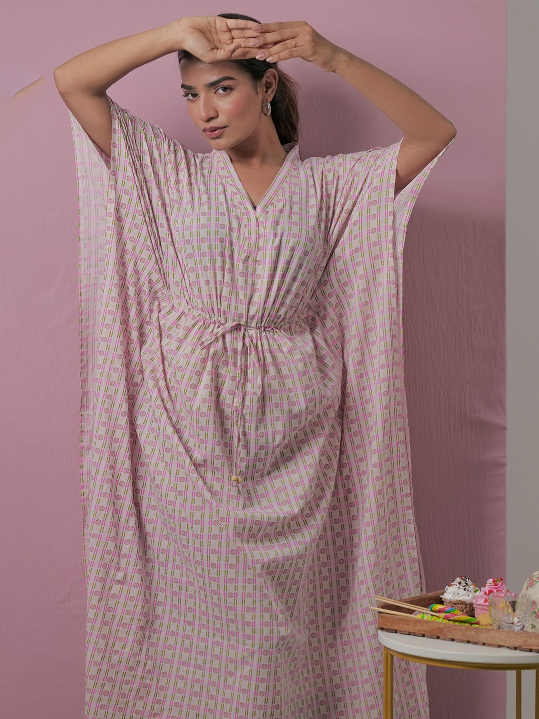 

FEATHERS CLOSET Geometric Printed Pure Cotton Maxi Kaftan Nightdress, Pink