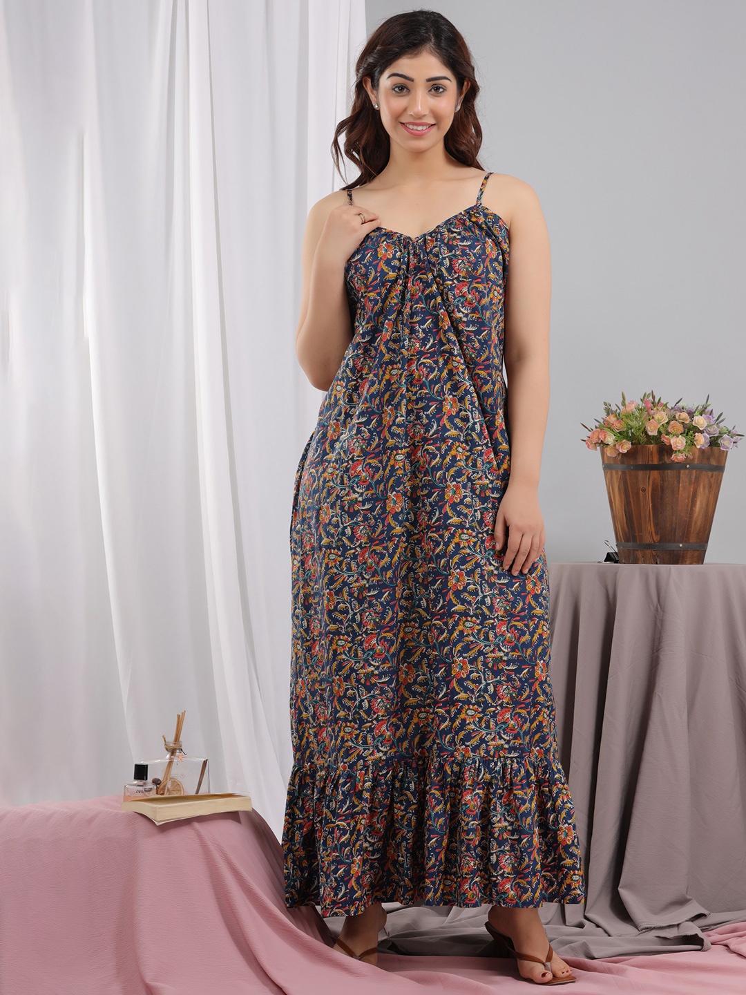 

FEATHERS CLOSET Floral Printed Pure Cotton Maxi Nightdress, Blue