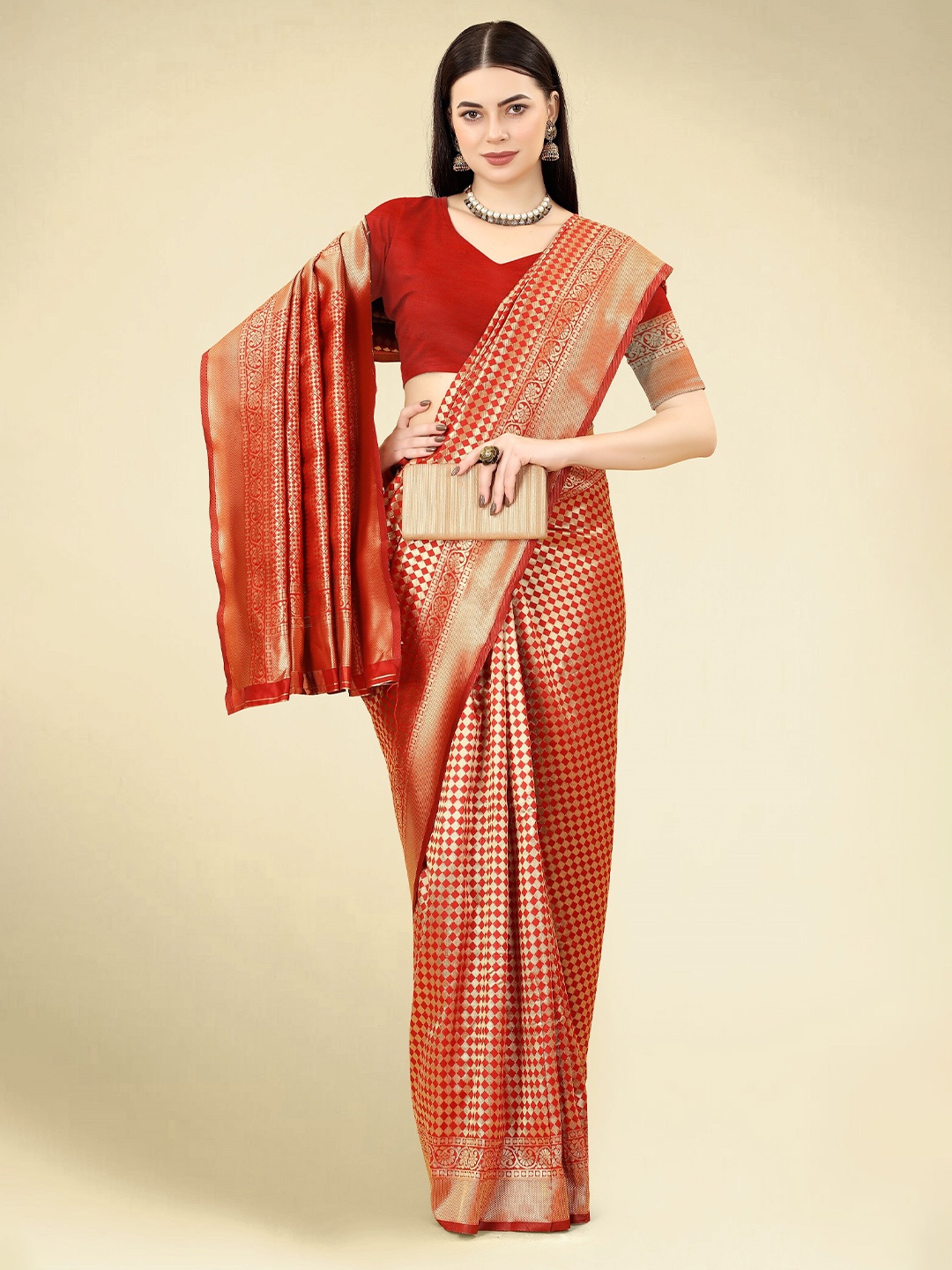 

DWIZA ENTERPRISE Woven Design Zari Banarasi Saree, Red