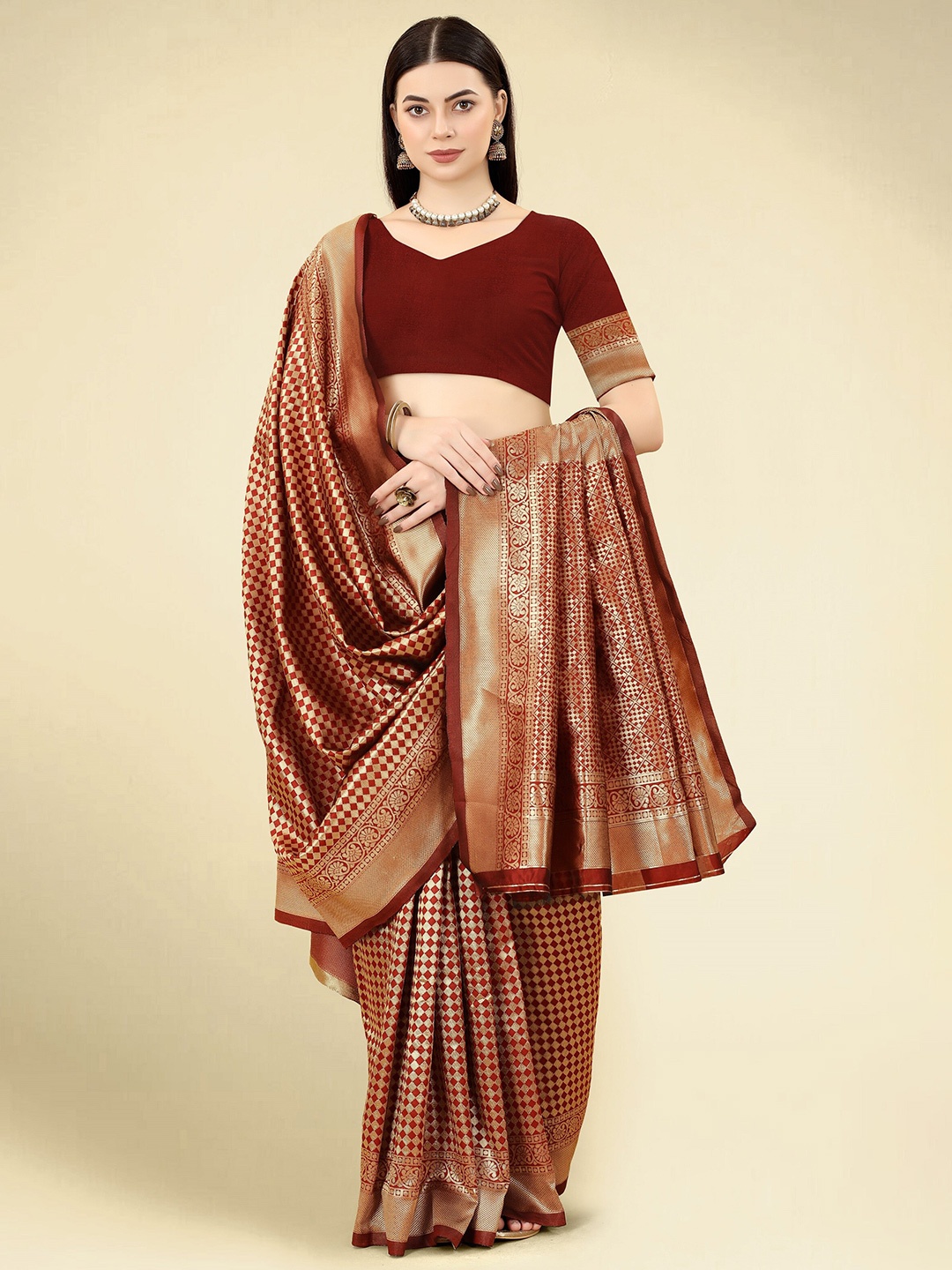 

DWIZA ENTERPRISE Geometric Woven Design Zari Detailed Banarasi Saree, Maroon