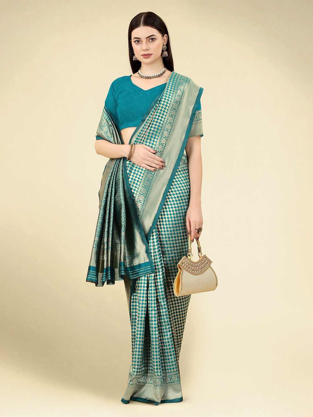 

DWIZA ENTERPRISE Checked Woven Design Zari Banarasi Saree, Teal