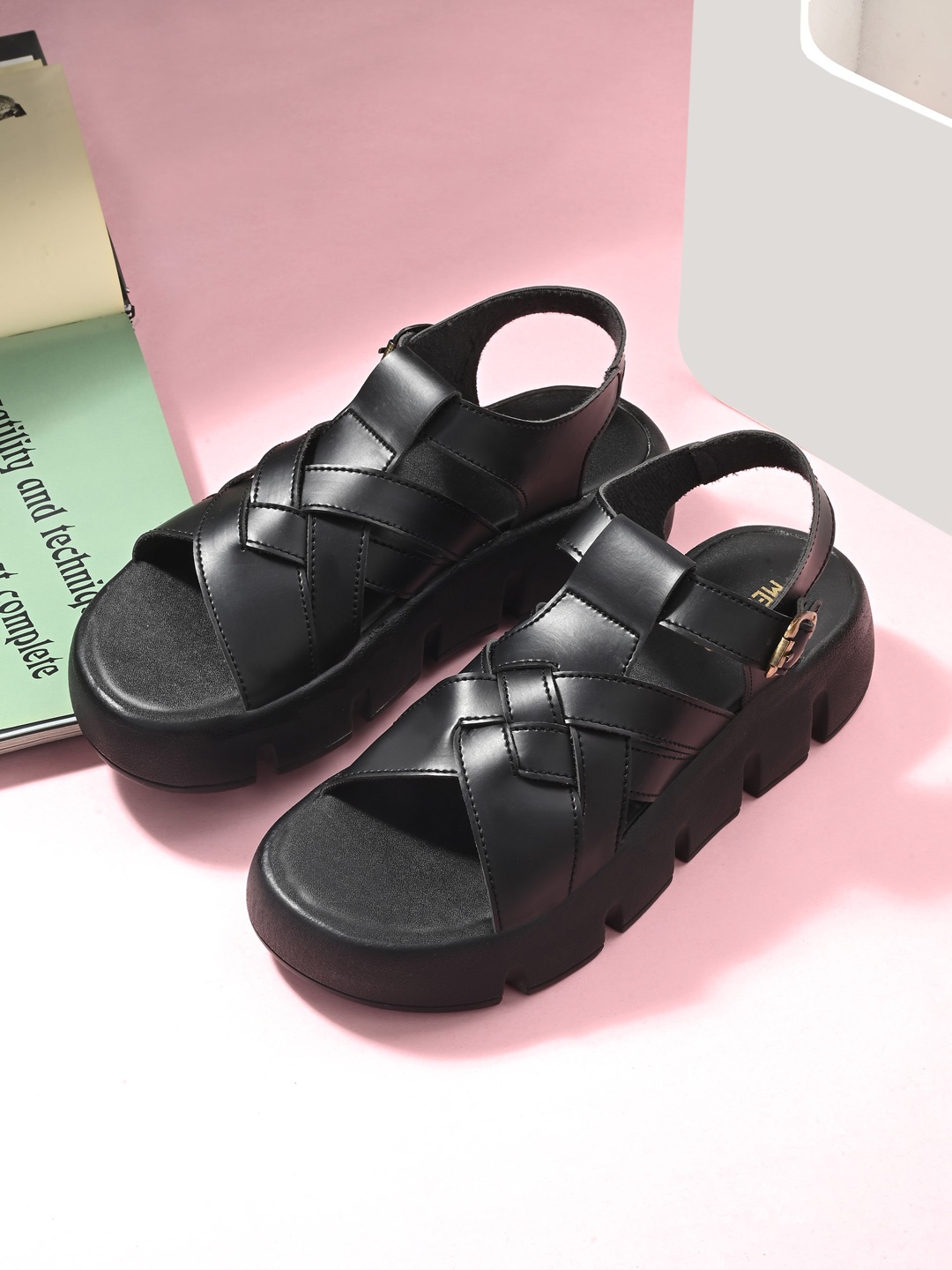 

MENGLER Open Toe Flatform Heels With Buckle Closure, Black