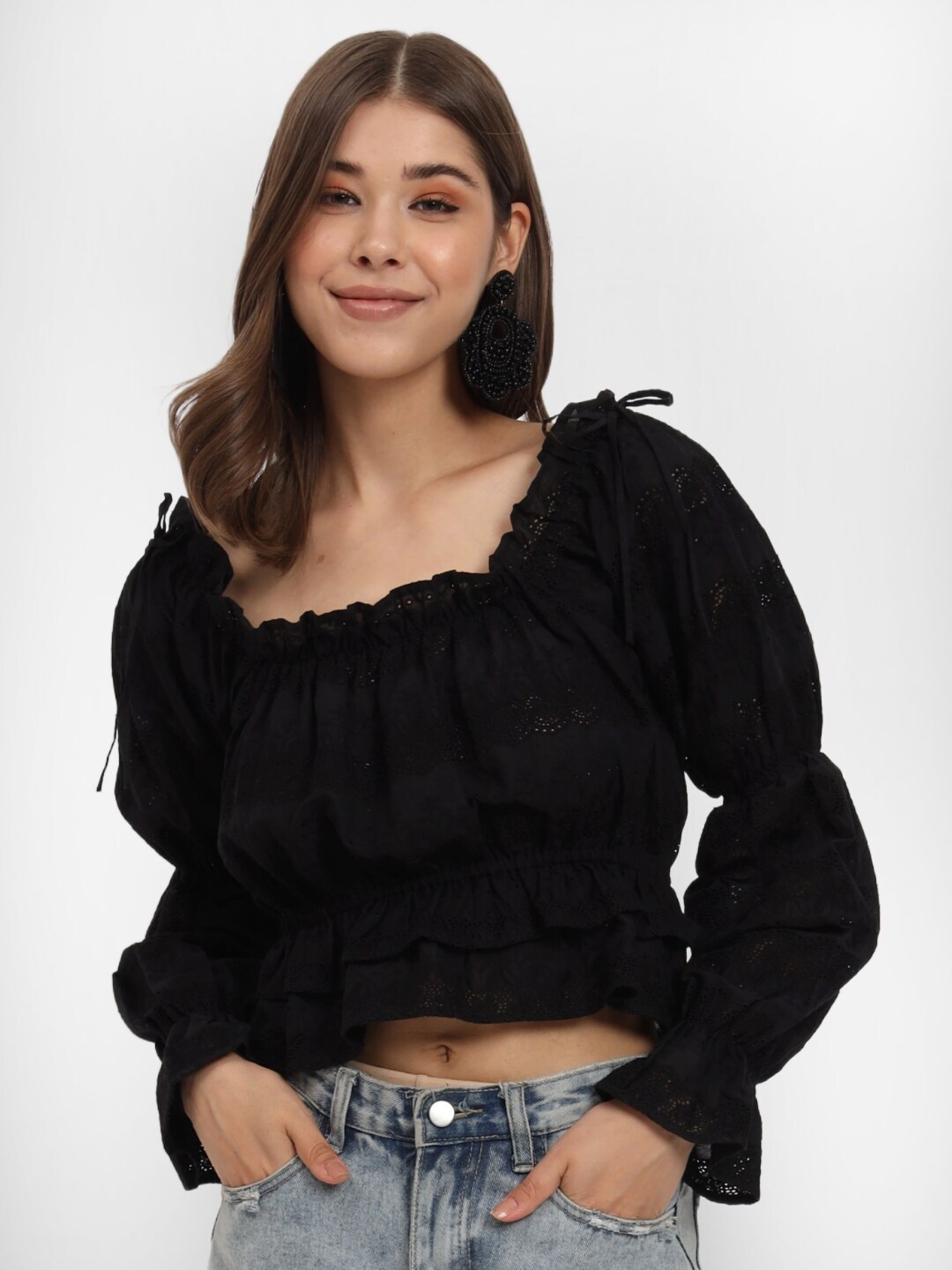 

SIGHTBOMB Puff Sleeve Cotton Lace Blouson Crop Top, Black
