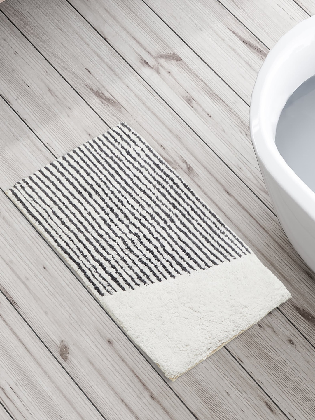 Home Centre Corsica Auton White & Grey Striped Cotton Anti-Slip Bath Rug