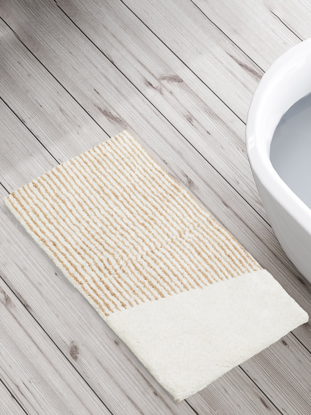 

Home Centre Corsica Auton Beige Striped Pure Cotton Anti-Slip Bath Mat