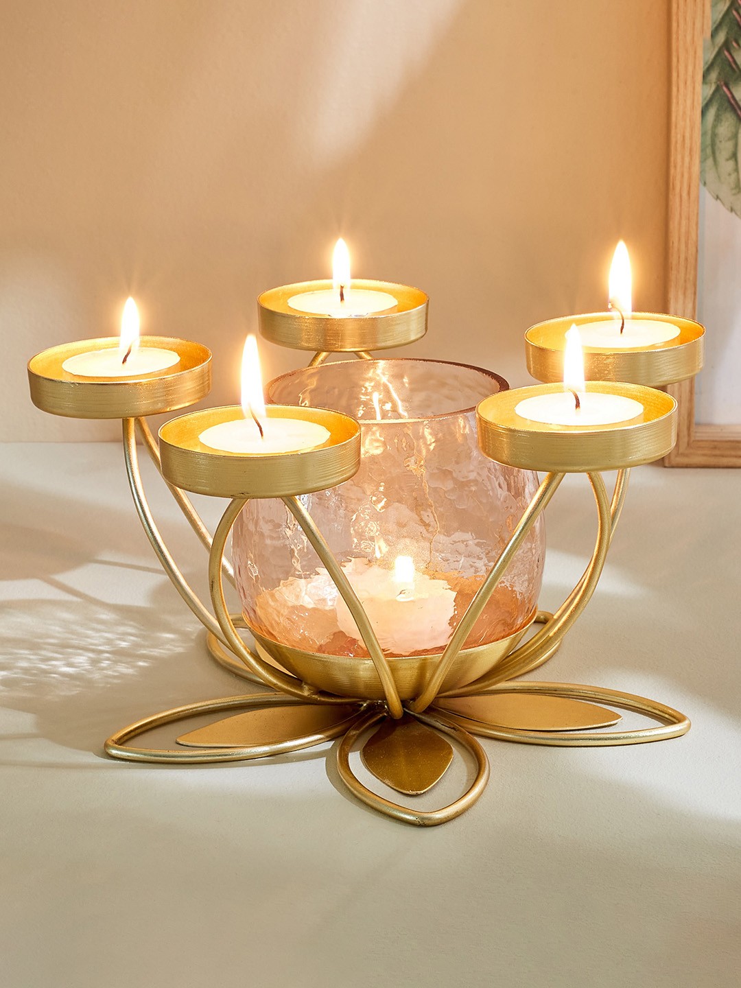 

Home Centre Majestic Gold T-Light Candle Holder With Floral Metal Stand