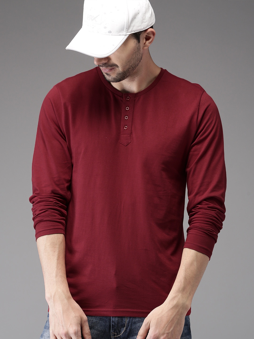 

HERENOW Men Maroon Solid Henley Pure Cotton T-shirt