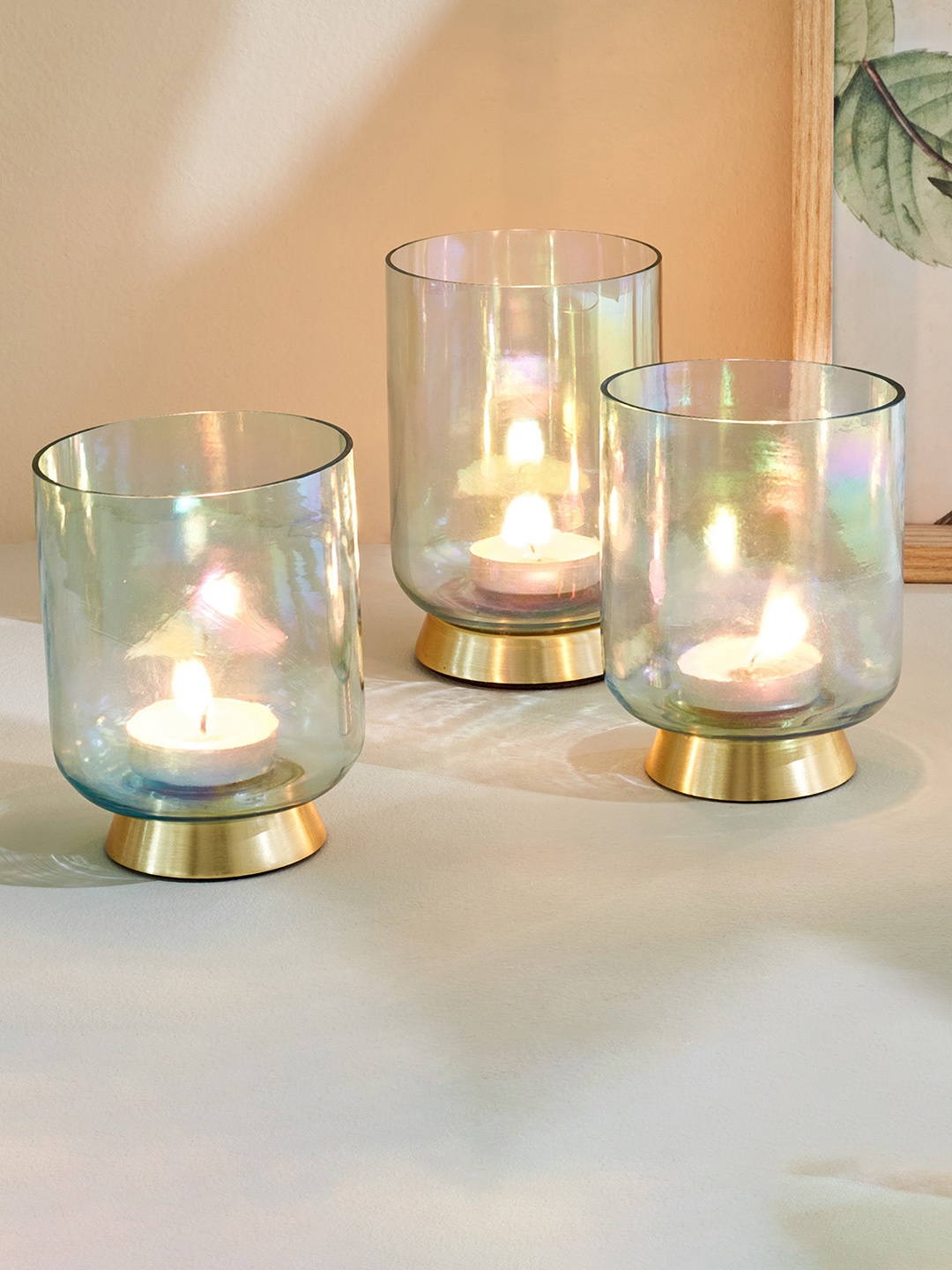 

Home Centre Raga Blue & Gold -Tone 3 Pieces Glass T-Light Candle Holders
