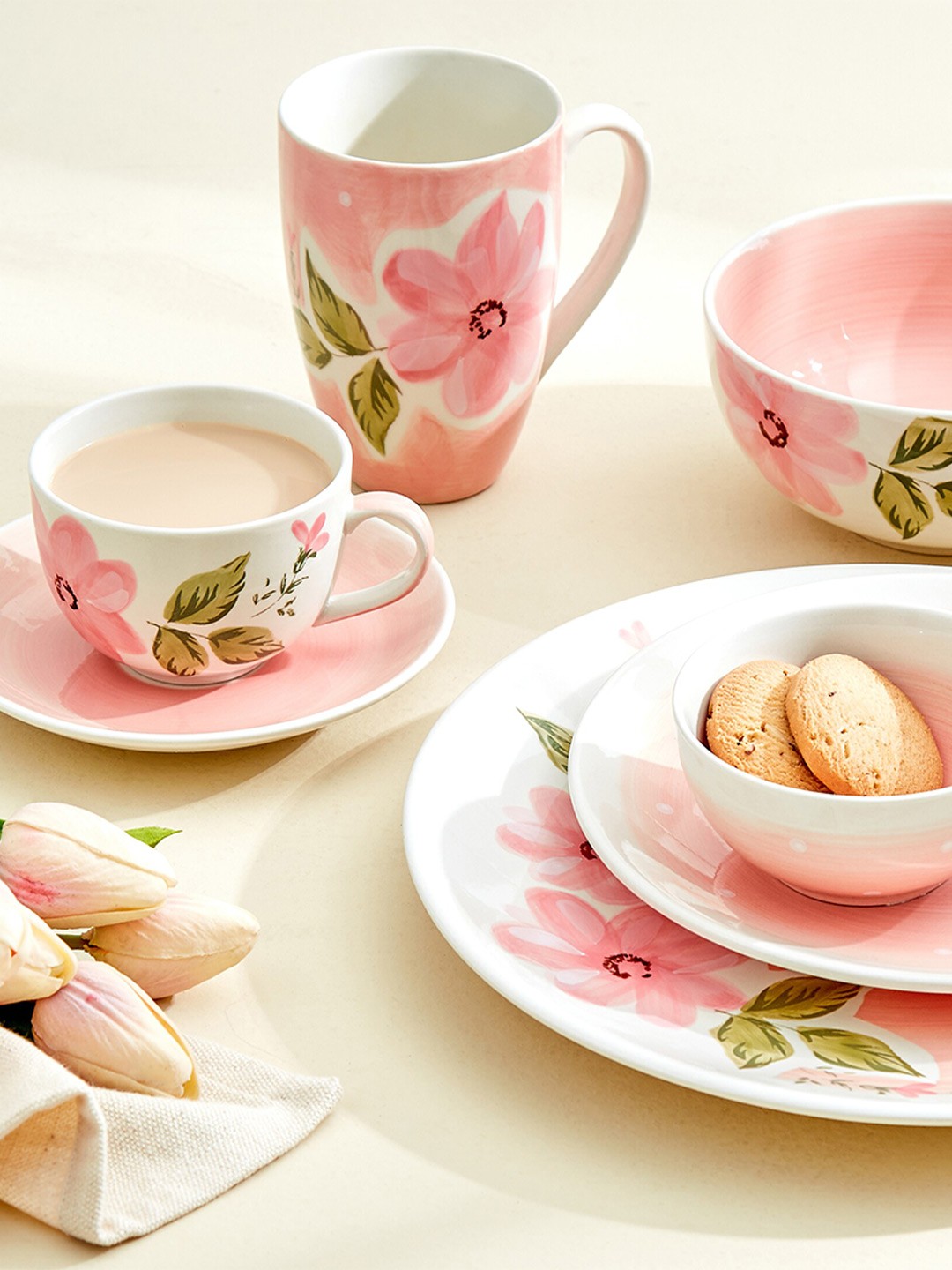 

Home Centre White & Pink Printed Stoneware Glossy Cups And Saucers - 230 ml