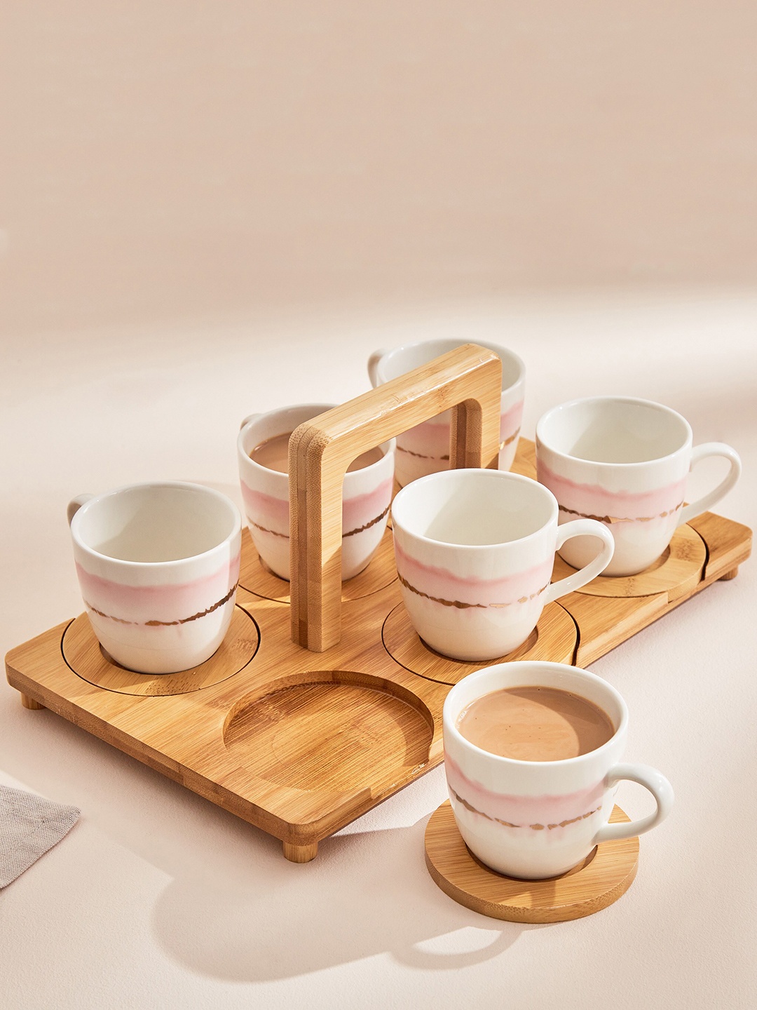 

Home Centre Pink 6 Pcs Printed Porcelain Mugs With Bamboo Coasters And Tray - 200ml Each