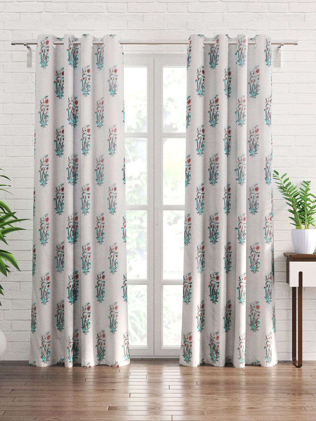 

Home Centre White & Blue 2 Pieces Floral Sheer Door Curtains