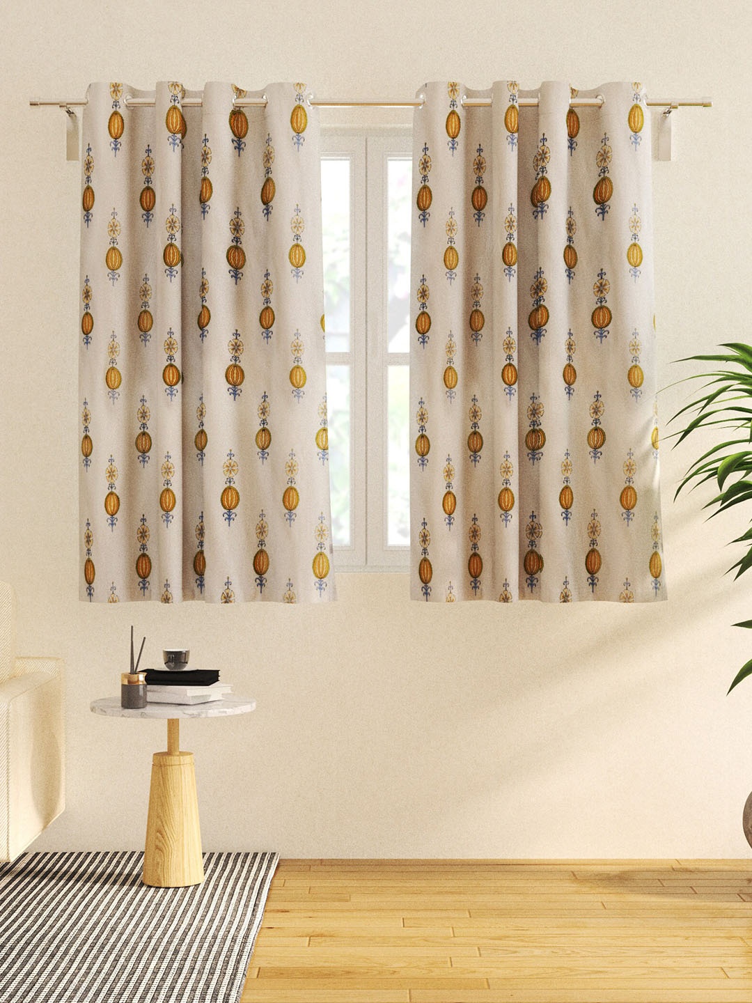 

Home Centre Yellow & Blue 2 Pieces Floral Sheer Window Curtains