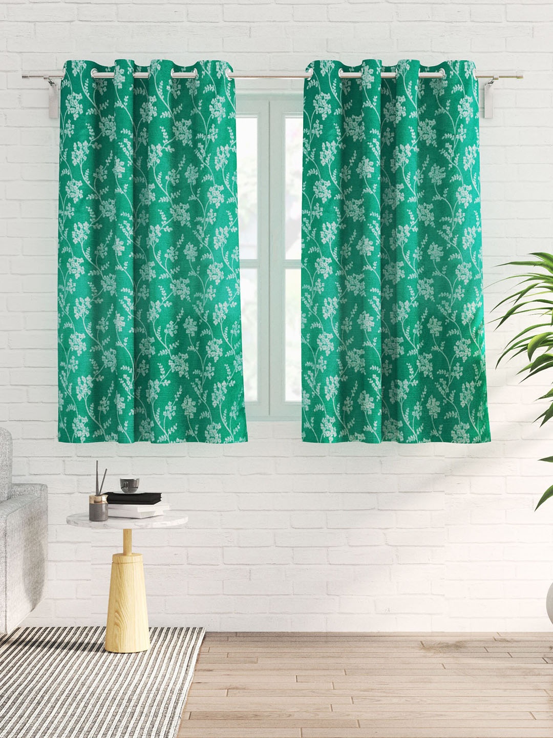 

Home Centre Green & White 2-Pieces Jacquard Floral Window Curtains
