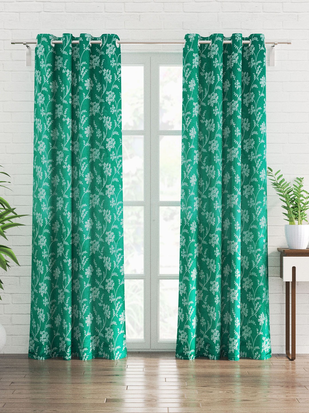 Home Centre Green & White 2 Pieces Floral Jacquard Door Curtains