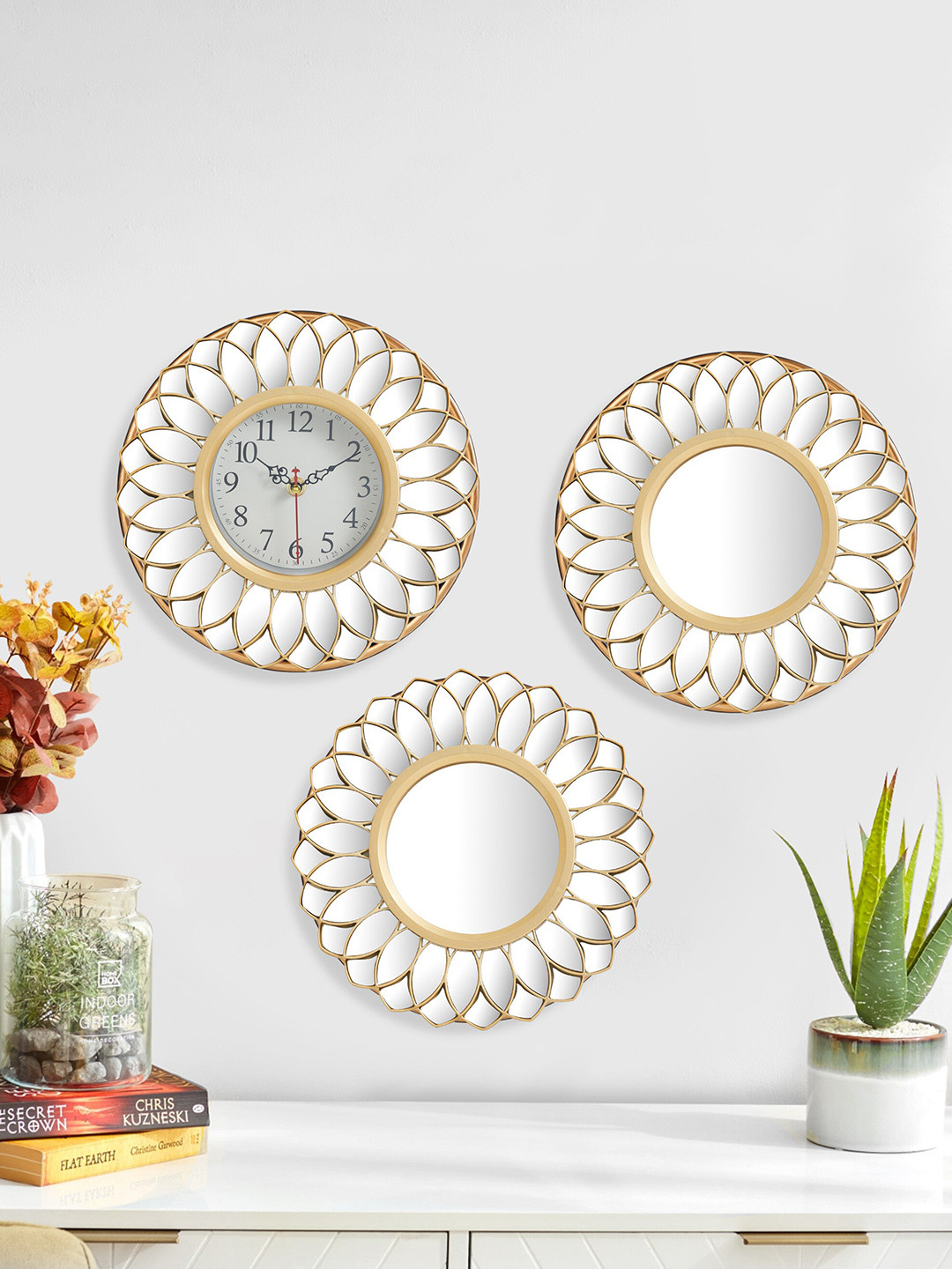 

Home Centre Corvus Gold Toned & White 3 Pieces Decorative Clock & Mirror Set