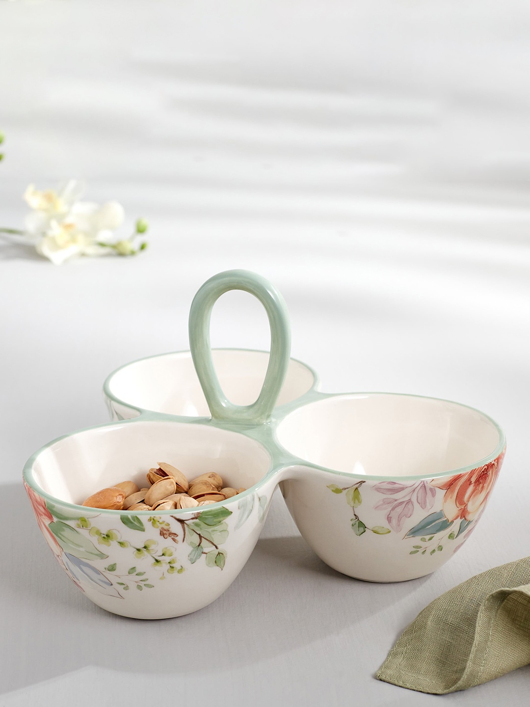 

Home Centre White & Green Printed Ironstone Divided Bowl - 1.1 L