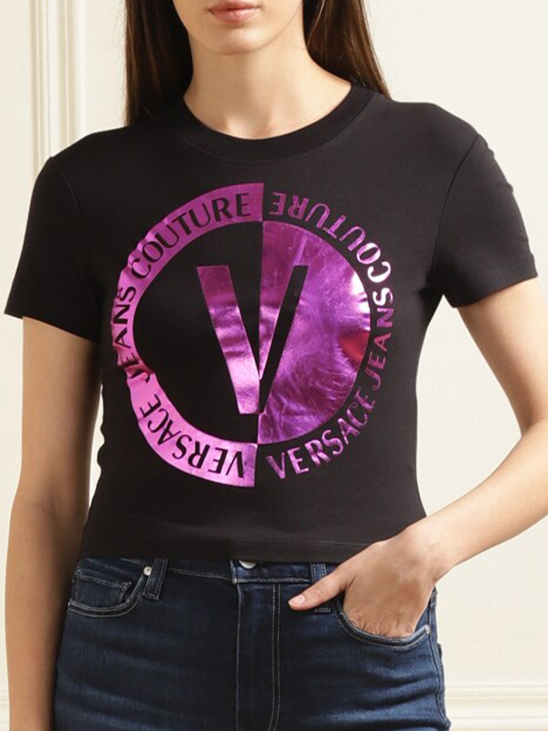 

Versace Jeans Couture Typography Printed Round Neck T-shirt, Black